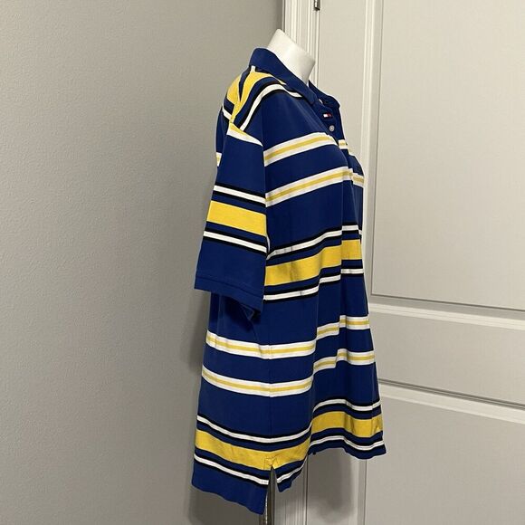 Tommy Hilfiger Polo Golf Shirt Mens L Short Sleeve Yellow Blue Striped Club Logo - Picture 2 of 10